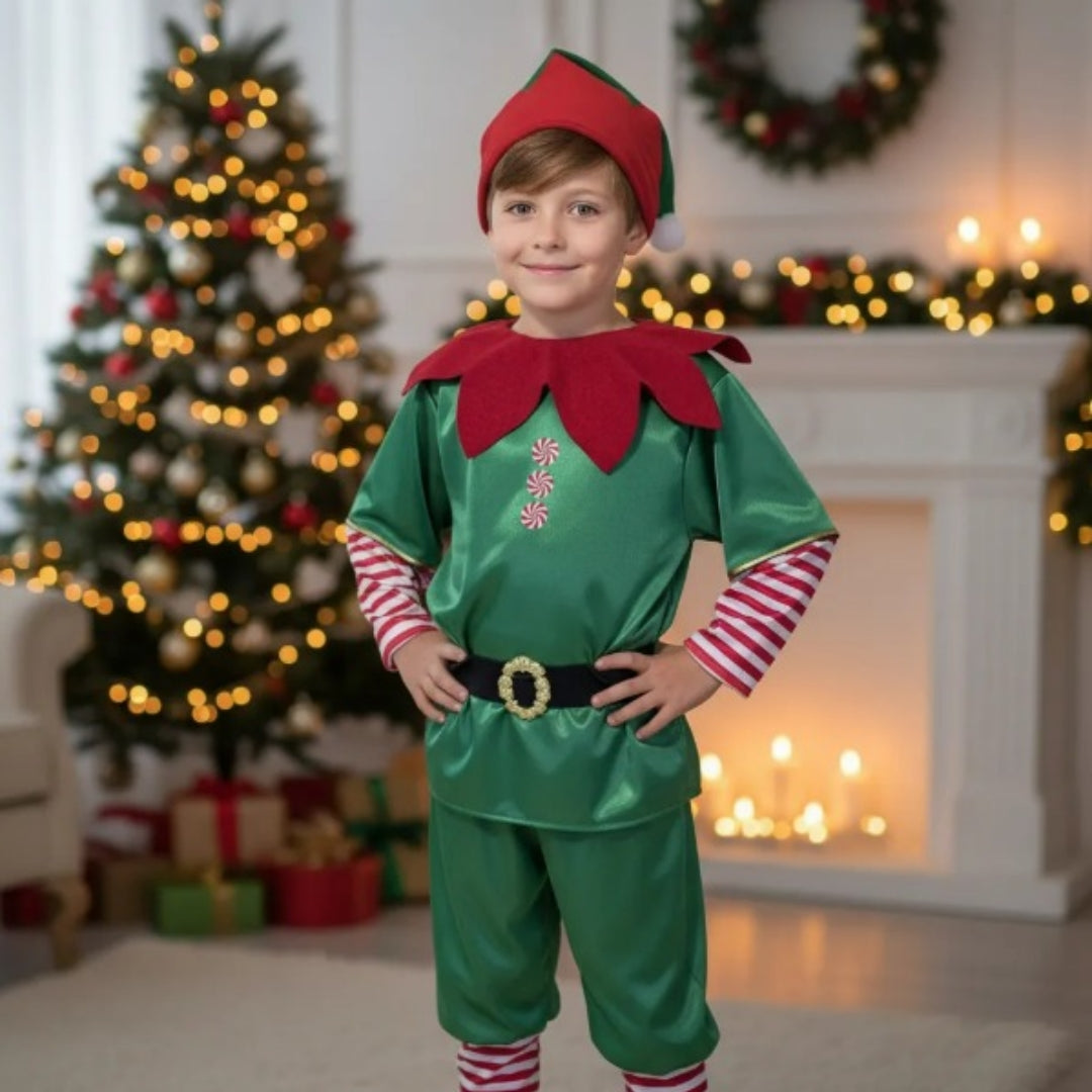 Disfraz de Duende Elfo Navideño con Gorro para Niño y Niña