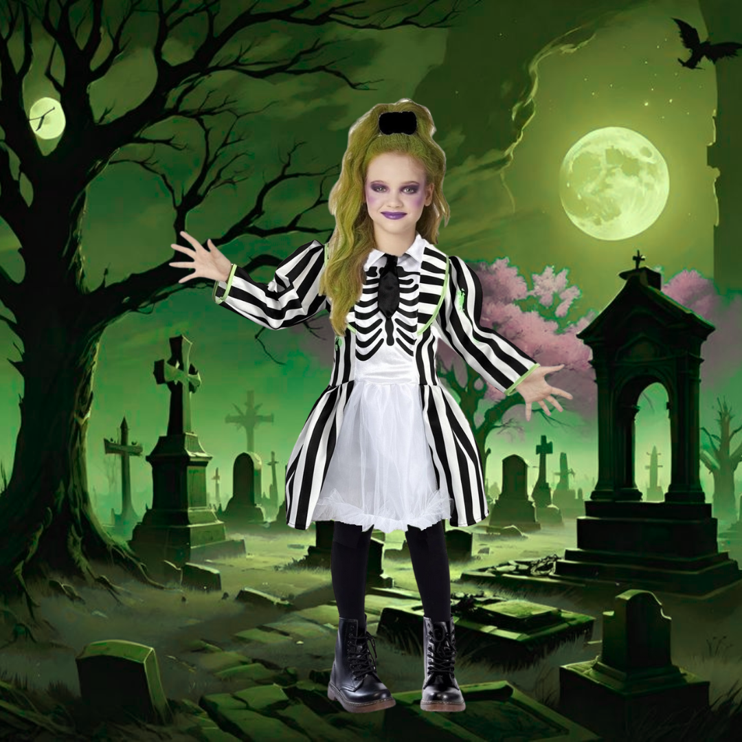 Disfraz de Fantasma Rayado para Niña - Vestido de Halloween y Día de Muertos